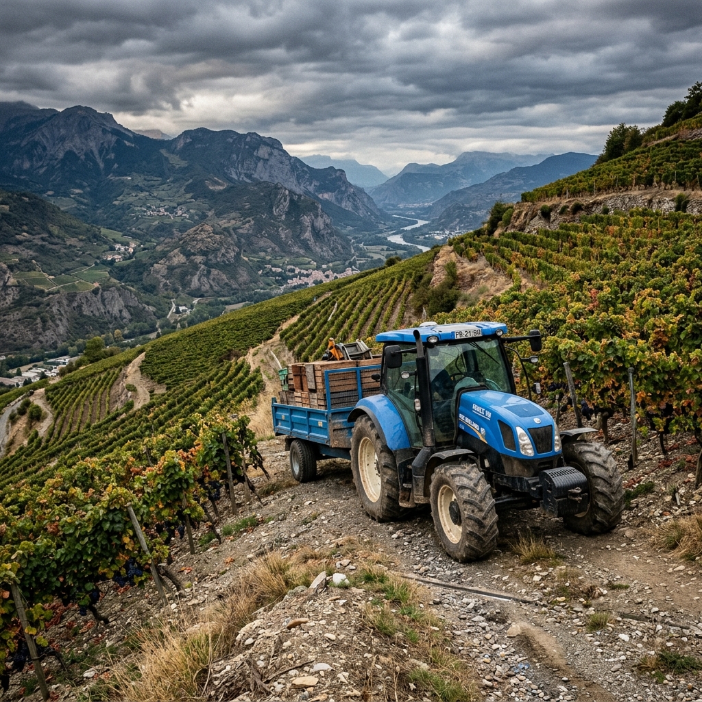 Illustration d'un tracteur et d'une remorque dans des vignes